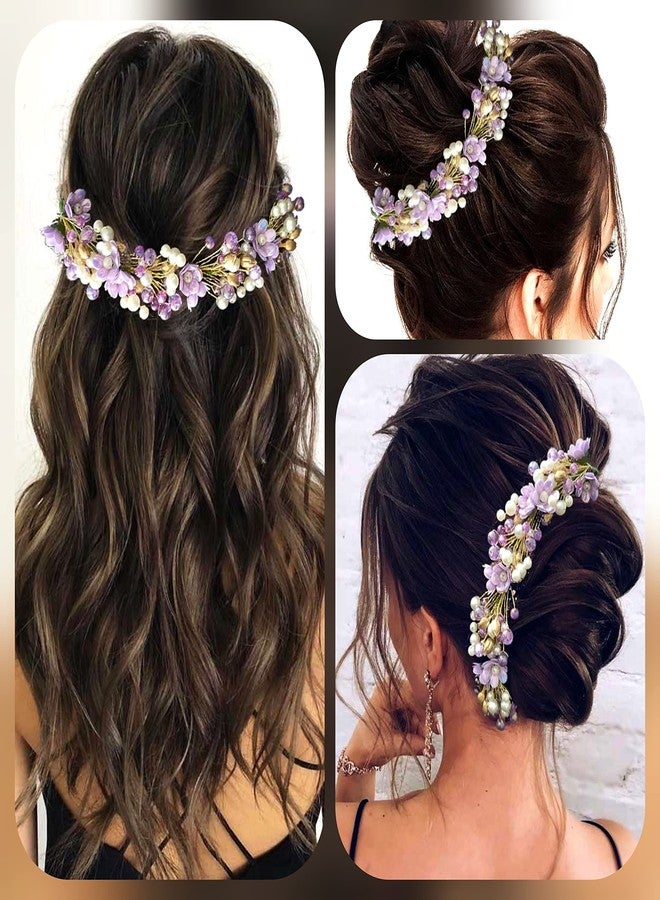 Hair Flare Artificial Small Rose with Metals and Pearls Hair Vein/Bridal Hair Bun Accessories for Women and Girls-2412, Purple Hairpin - Image 4