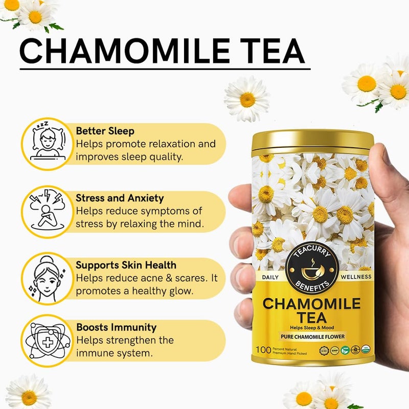 Teacurry Chamomile Tea (80 Grams) - Pure, Handpicked Chamomile Flowers for Skin and Better Sleep - 100% Pure and Natural Chamomile Flowers - Image 4