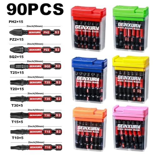 Geinxurn 90 Pieces Impact Screwdriver Bits Set with Colorful Boxes 2 Magnetic PH2PZ2SQ2T10T15 T20T25T30 S2 Steel Multi Driver Bits - Image 3