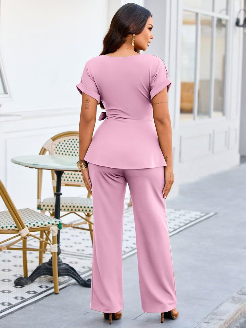 Ekaliy Women's 2 Piece Business Casual Outfits Sets Pullover Ruffled Edge Top Elastic Waist Flared Pantsuits Pink L - Image 4