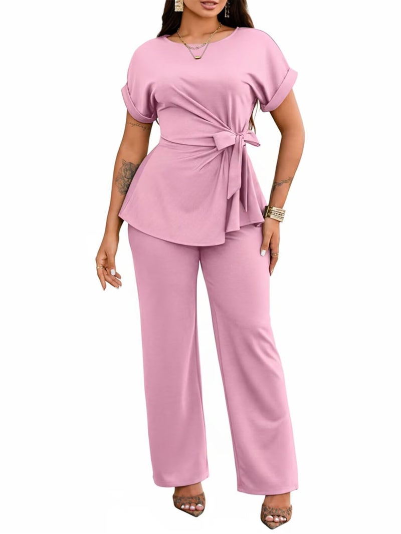 Ekaliy Women's 2 Piece Business Casual Outfits Sets Pullover Ruffled Edge Top Elastic Waist Flared Pantsuits Pink L - Image 1