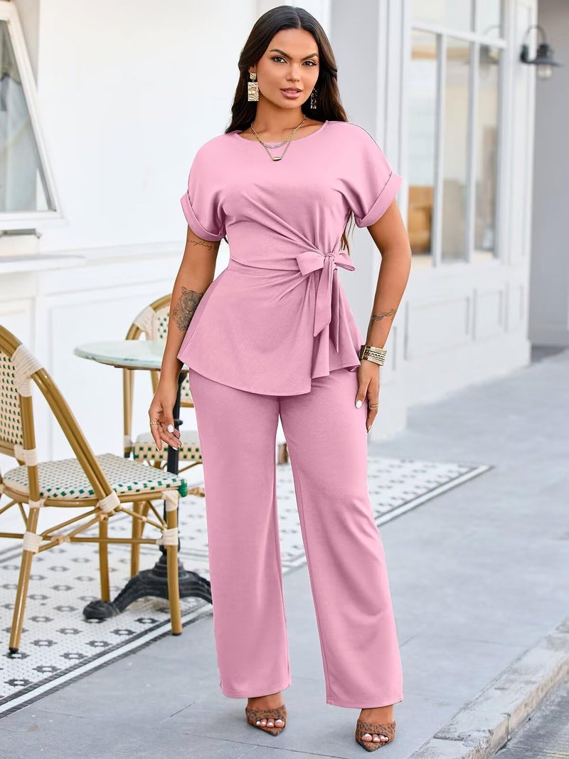 Ekaliy Women's 2 Piece Business Casual Outfits Sets Pullover Ruffled Edge Top Elastic Waist Flared Pantsuits Pink L - Image 2