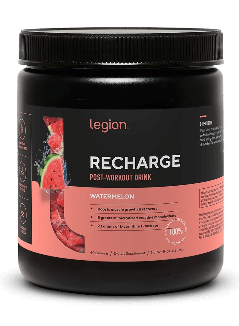Legion Athletics Recharge Post Workout Drink - Watermellon Flavor, Boosts Muscle growth and Recovery, 5g Micronized Creatine Monohydrate, 2.1g L-Carnitine and L-Tartrate, 546 (91.20 LBS), 60 Servings - Image 1