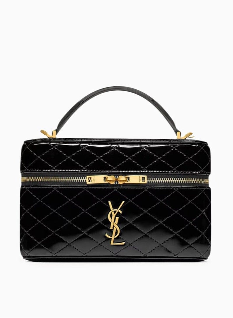 YSL Classic Style Quilted Mini Vanity Bag – Luxury Patent Leather Crossbody Shoulder Handbag for Women – Compact Travel Makeup Bag with Top Handle & Adjustable Strap - Image 1