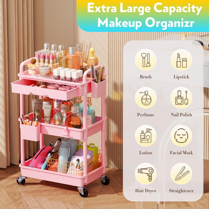 SUNALLY Makeup Cart Organizer with Drawers, Floor Skincare Organizers Vanity Storage Organizer, Rolling Makeup Bathroom Storage Cart Cosmetics Display Cases for Skin Care Perfume Nail Polish, Pink - Image 4