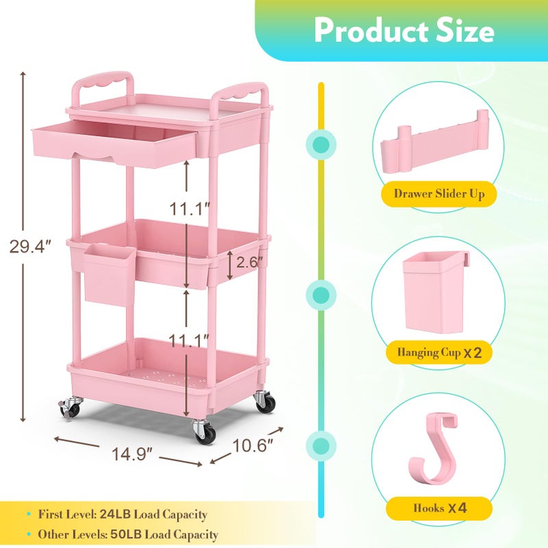 SUNALLY Makeup Cart Organizer with Drawers, Floor Skincare Organizers Vanity Storage Organizer, Rolling Makeup Bathroom Storage Cart Cosmetics Display Cases for Skin Care Perfume Nail Polish, Pink - Image 2