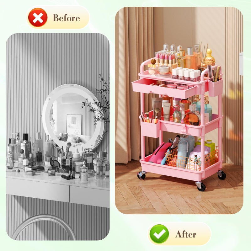 SUNALLY Makeup Cart Organizer with Drawers, Floor Skincare Organizers Vanity Storage Organizer, Rolling Makeup Bathroom Storage Cart Cosmetics Display Cases for Skin Care Perfume Nail Polish, Pink - Image 5