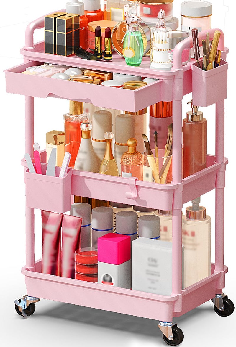 SUNALLY Makeup Cart Organizer with Drawers, Floor Skincare Organizers Vanity Storage Organizer, Rolling Makeup Bathroom Storage Cart Cosmetics Display Cases for Skin Care Perfume Nail Polish, Pink - Image 1