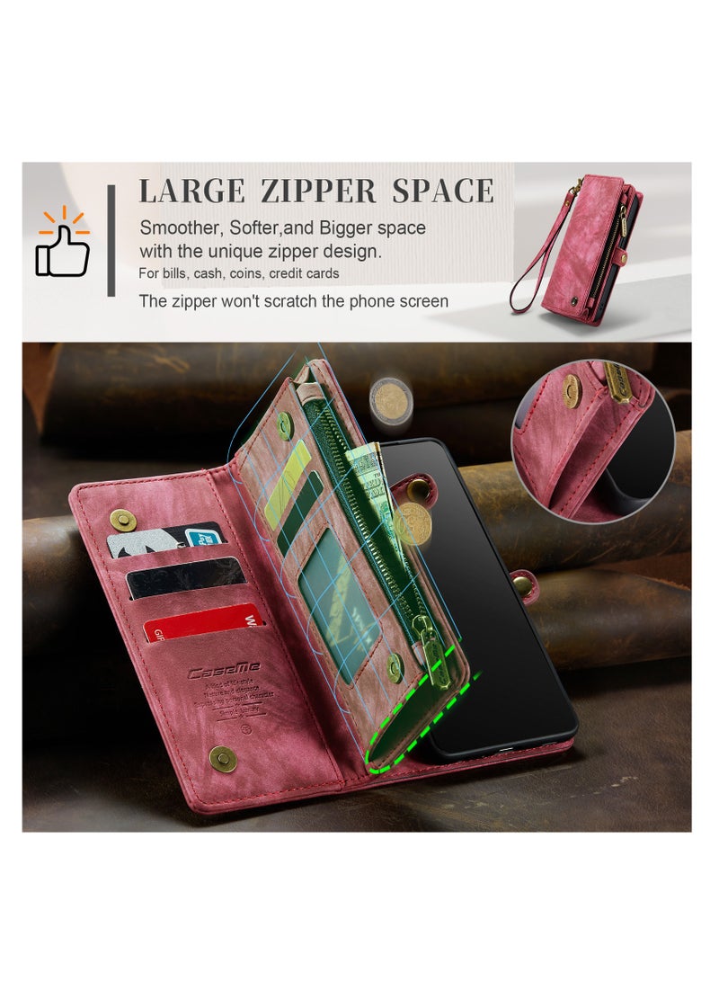 CaseMe Protective Phone Cover Case Wallet Case For Apple iPhone 14 Pro Max, 2 in 1 Detachable Premium Leather Magnetic Zipper Pouch Wristlet Flip Phone Case (Red) - Image 5
