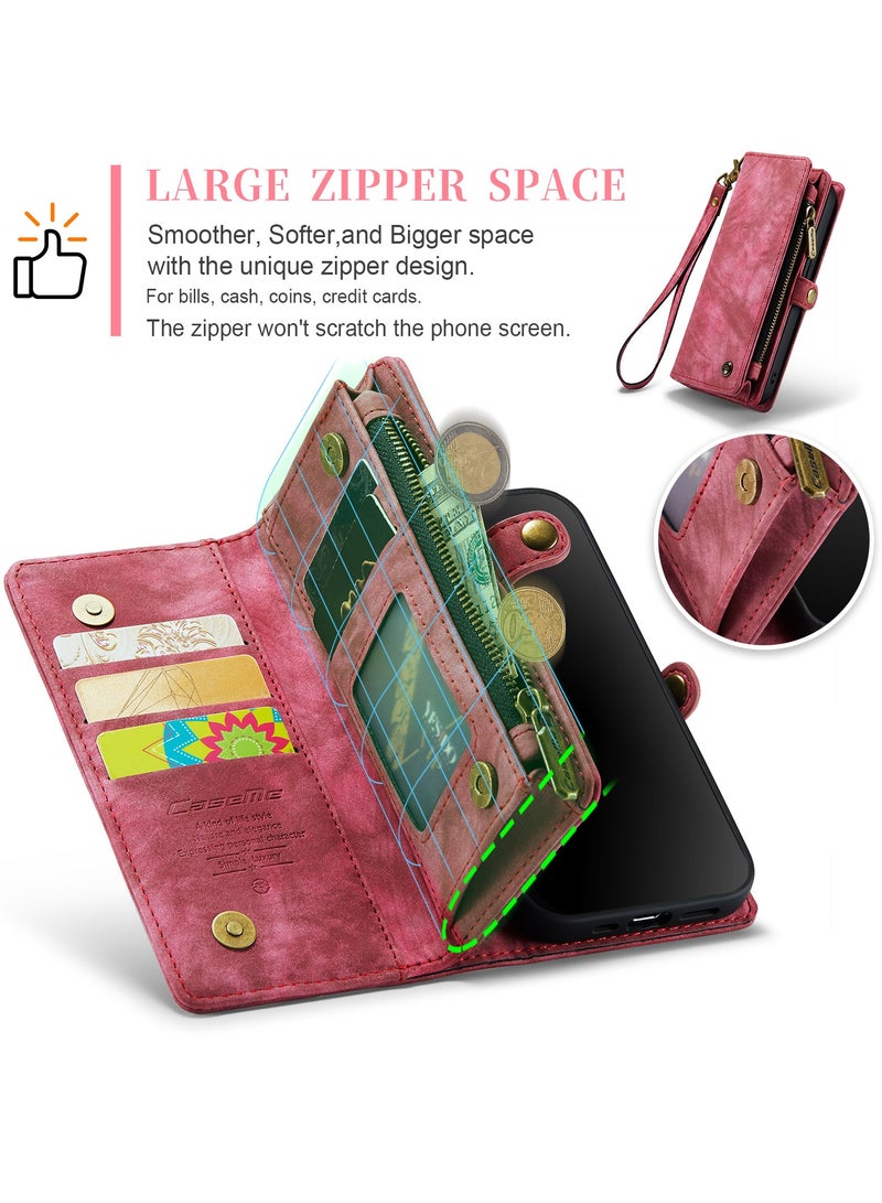 CaseMe Protective Phone Cover Case Wallet Case For Apple iPhone 14 Pro Max, 2 in 1 Detachable Premium Leather Magnetic Zipper Pouch Wristlet Flip Phone Case (Red) - Image 4