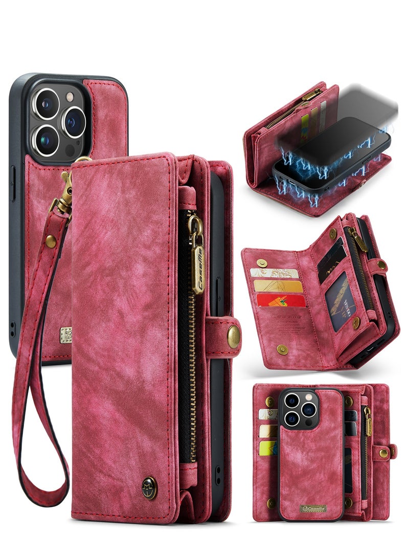CaseMe Protective Phone Cover Case Wallet Case For Apple iPhone 14 Pro Max, 2 in 1 Detachable Premium Leather Magnetic Zipper Pouch Wristlet Flip Phone Case (Red) - Image 2