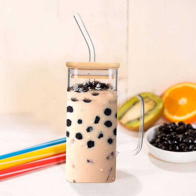 KAMVY Glass Tumbler with Colored Handle Pack of 1 400ml Coffee Sipper with Wooden Lid and Glass Straw Iced Tea Mug Clear Drinking Cup for Juice Milk Smoothie Beer - Image 1