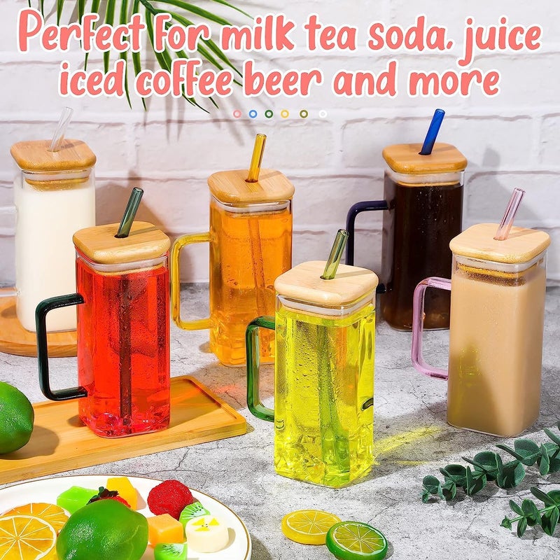 KAMVY Glass Tumbler with Colored Handle Pack of 1 400ml Coffee Sipper with Wooden Lid and Glass Straw Iced Tea Mug Clear Drinking Cup for Juice Milk Smoothie Beer - Image 2