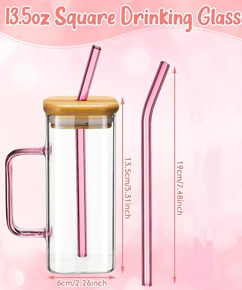KAMVY Glass Tumbler with Colored Handle Pack of 1 400ml Coffee Sipper with Wooden Lid and Glass Straw Iced Tea Mug Clear Drinking Cup for Juice Milk Smoothie Beer - Image 5
