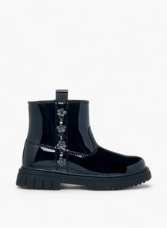 JUNIORS Floral Accent Ankle Boots with Zip Closure - Image 1