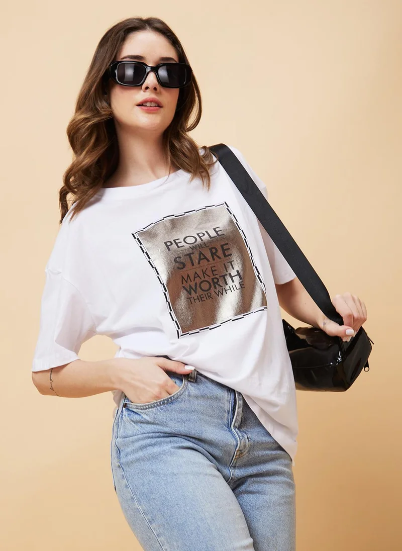 globus Globus Women Typography Printed Drop-Shoulder Pure Cotton Oversized T-Shirt