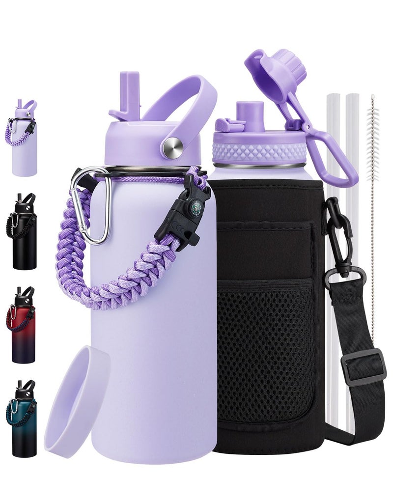 ICIOI Insulated Water Bottle 32 oz - with Straw & Auto Spout Lid  Bottle Sleeve with Strap  Paracord Handle  32oz Flask Purple Metal Water Canteen  Stainless Steel Water Jug for Sports Gym Woman Girls - Image 1