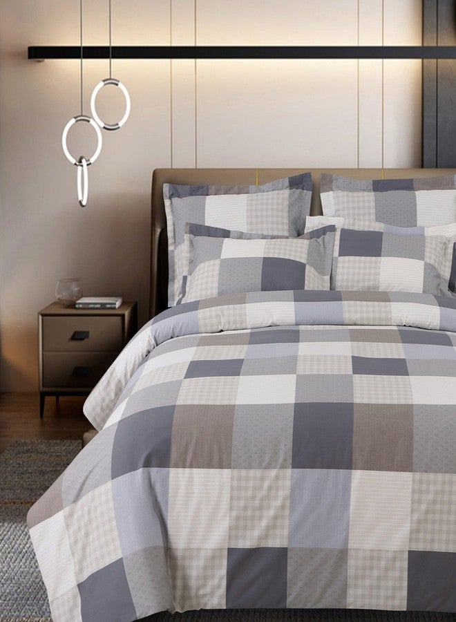 Malako Sion Beige and Blue Checks King Size Bedsheet with 2 Pillow Covers - Image 1