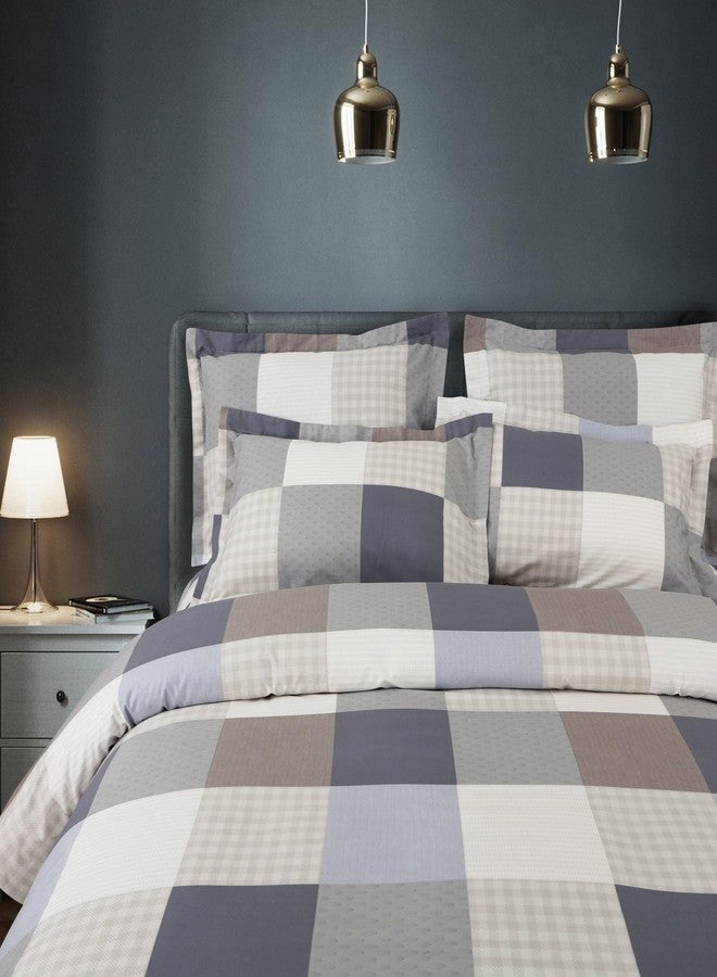 Malako Sion Beige and Blue Checks King Size Bedsheet with 2 Pillow Covers - Image 5