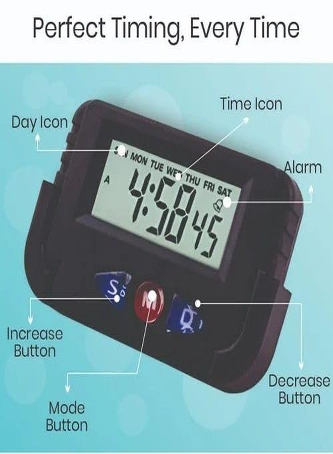 Royals Digital Alarm Clock with Stopwatch | Small Portable Black Desk & Table Clock | Flexible Stand for Car Dashboard, Office & Home Use | Multi-Functional Timepiece with Alarm - Image 4
