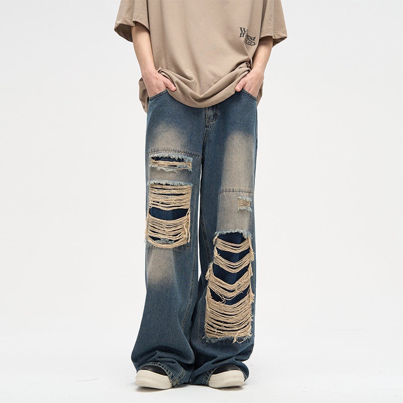 2024 Trendy Patched Ripped Jeans for Men Blue  - Image 1