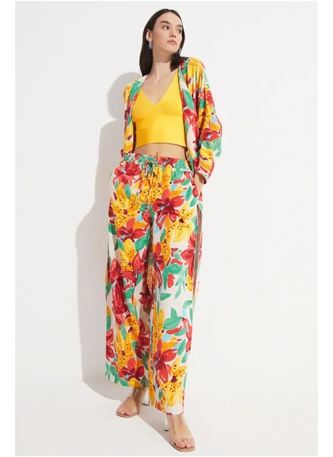 JUNE June Exclusive Elastic Waist Wide Leg Floral Patterned Linen Blend Trouser Orange