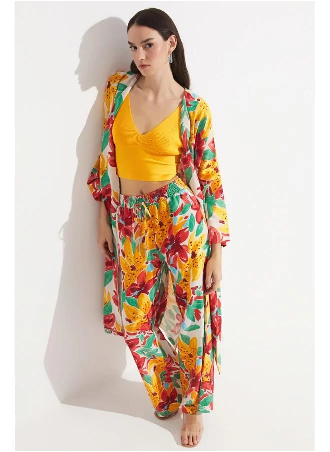 JUNE June Exclusive Elastic Waist Wide Leg Floral Patterned Linen Blend Trouser Orange