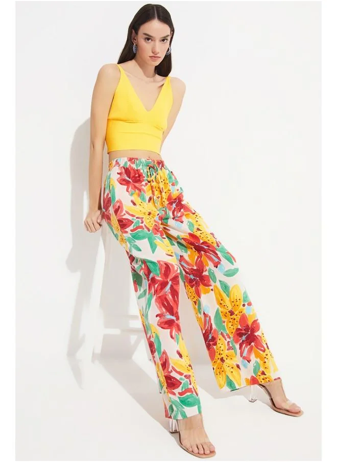 JUNE June Exclusive Elastic Waist Wide Leg Floral Patterned Linen Blend Trouser Orange