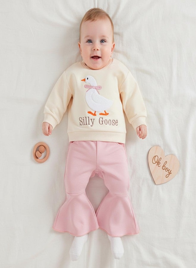 LZUBCPY Silly Goose Baby Girl Outfit Embroidery Sweatshirt Flare Pants First Birthday Bell Bottoms Cute Toddler Fall Clothes (Khaki, 3-4 Years) - Image 4