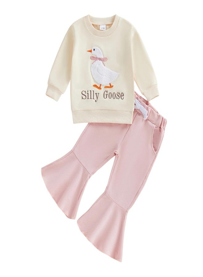LZUBCPY Silly Goose Baby Girl Outfit Embroidery Sweatshirt Flare Pants First Birthday Bell Bottoms Cute Toddler Fall Clothes (Khaki, 3-4 Years) - Image 1