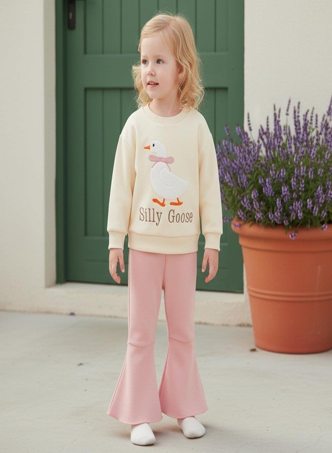 LZUBCPY Silly Goose Baby Girl Outfit Embroidery Sweatshirt Flare Pants First Birthday Bell Bottoms Cute Toddler Fall Clothes (Khaki, 3-4 Years) - Image 3