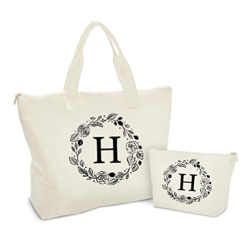 Binggemen Personalized Initial Canvas Tote Bag with Zipper Present Bag with Inner Pocket  Make Up Bag Great Gifts for Women Mom Teachers Friends Bridesmaids