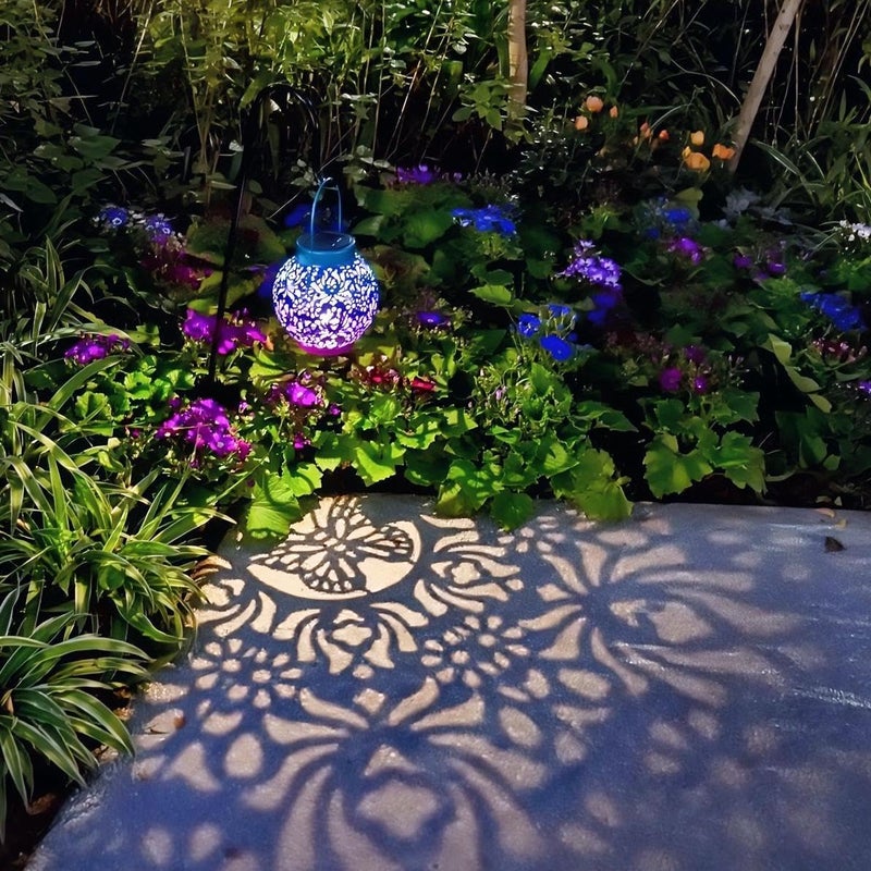 EXCMARK 2 Pack Outdoor Solar Hanging Lantern Lights Metal LED Decorative Lamp for Garden Patio Courtyard Lawn and Table with Hollowed-Out Design (Royal Purple) - Image 3