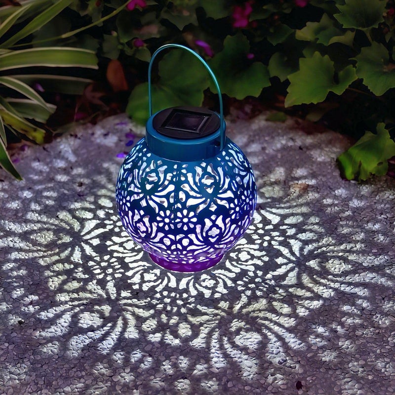 EXCMARK 2 Pack Outdoor Solar Hanging Lantern Lights Metal LED Decorative Lamp for Garden Patio Courtyard Lawn and Table with Hollowed-Out Design (Royal Purple) - Image 1