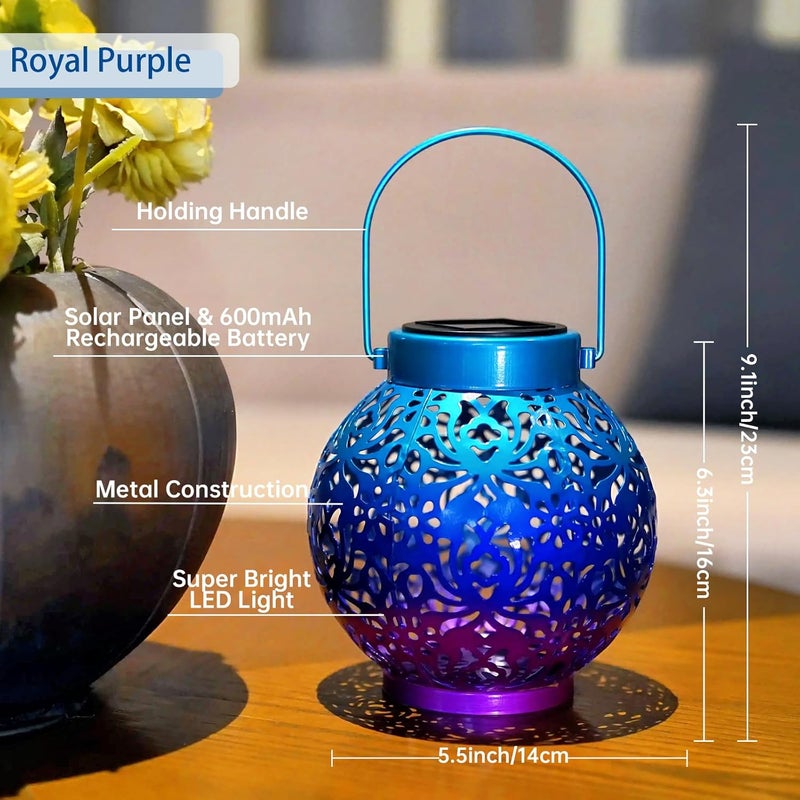 EXCMARK 2 Pack Outdoor Solar Hanging Lantern Lights Metal LED Decorative Lamp for Garden Patio Courtyard Lawn and Table with Hollowed-Out Design (Royal Purple) - Image 2