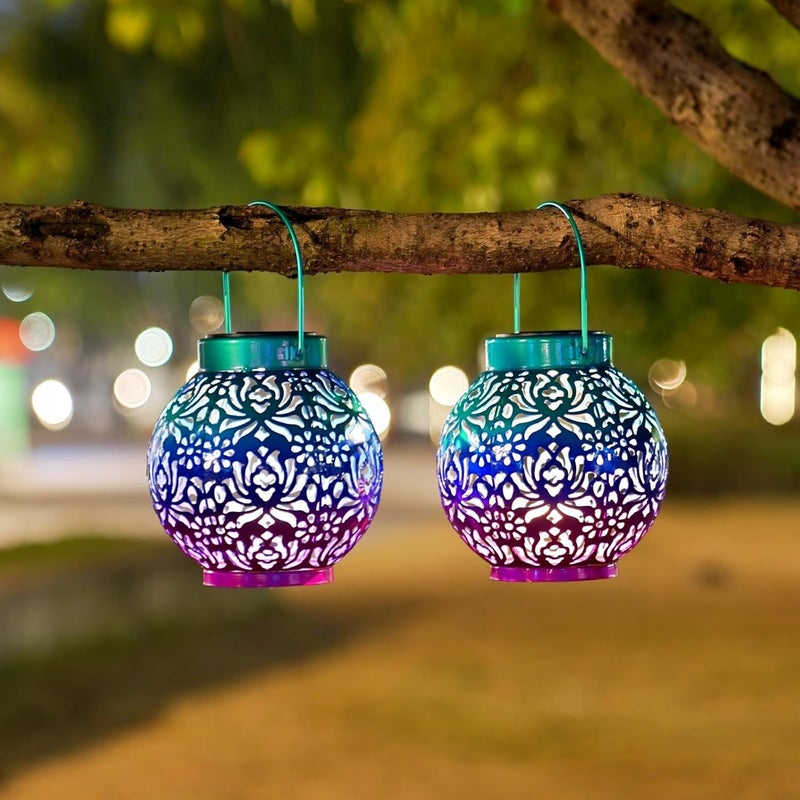 EXCMARK 2 Pack Outdoor Solar Hanging Lantern Lights Metal LED Decorative Lamp for Garden Patio Courtyard Lawn and Table with Hollowed-Out Design (Royal Purple) - Image 5