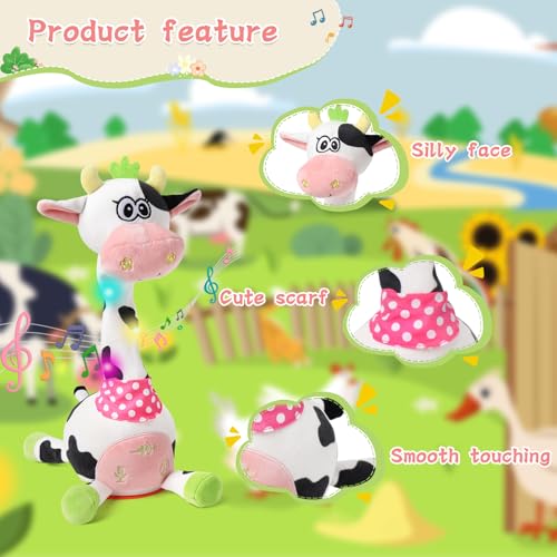 LLUKEME Cute Easter Dancing Cow Plush Toy with Wiggling Neck LED Lights Voice Record Repeat 10 Childrens Songs Safe Toy for Boys Girls Age 13 Easter Gifts for Toddlers - Image 5