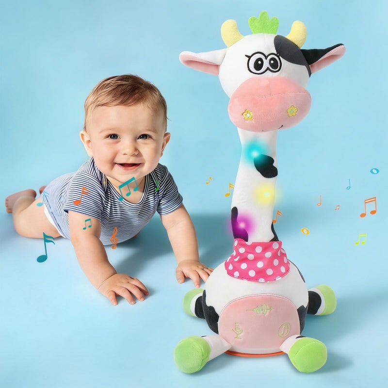 LLUKEME Cute Easter Dancing Cow Plush Toy with Wiggling Neck LED Lights Voice Record Repeat 10 Childrens Songs Safe Toy for Boys Girls Age 13 Easter Gifts for Toddlers - Image 3