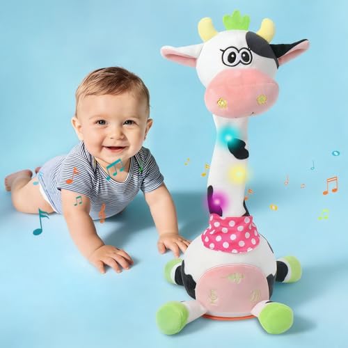 LLUKEME Cute Easter Dancing Cow Plush Toy with Wiggling Neck LED Lights Voice Record Repeat 10 Childrens Songs Safe Toy for Boys Girls Age 13 Easter Gifts for Toddlers - Image 1