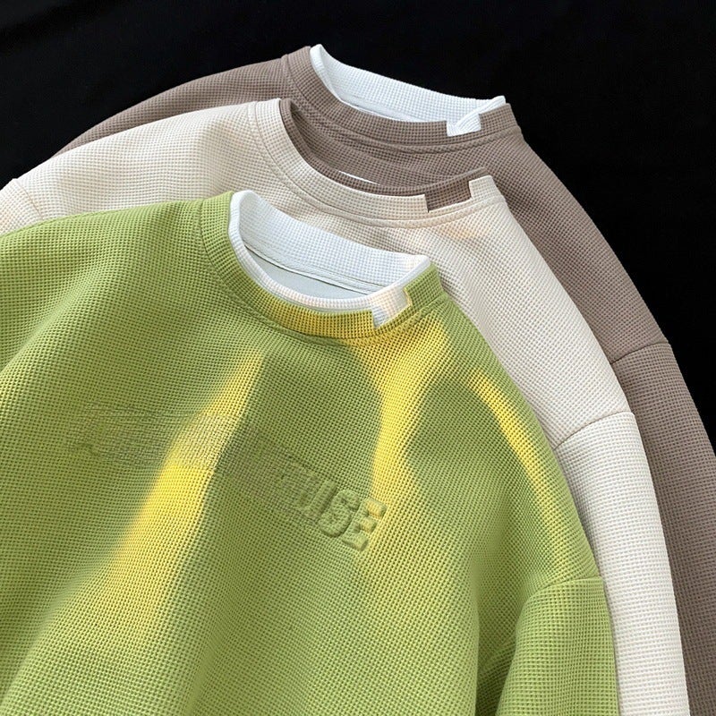 2023 New Heavy Aocado Green Sweatshirt Mens Trendy Ins Waffle Hood Crewneck Fake Two-Piece Long-Sleeved T-Shirt Black - Image 5