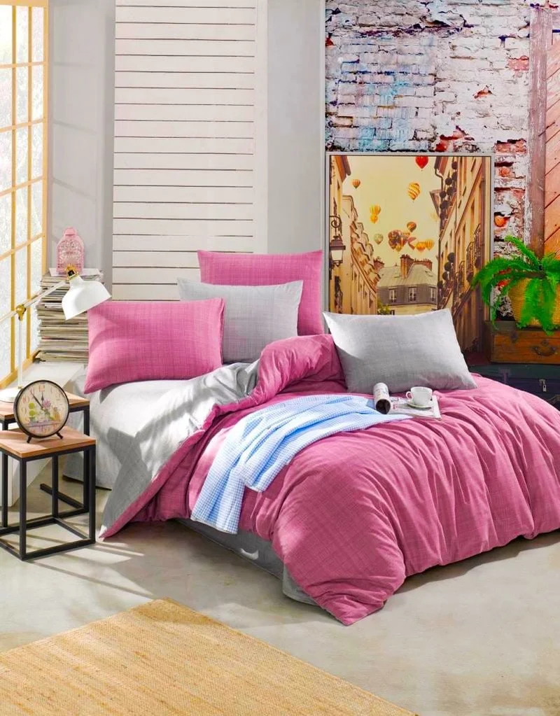 cottonevs Evtekstil Cotton Double Dust Rose Gray Reversible Duvet Cover Set