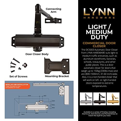 LYNN HARDWARE Light/Medium Duty Residential/Light Commercial Door Closer - DC5003 Surface Mounted, Cast Aluminum Door Closer, Adjustable Closing, Grade 2 & UL 3 Hour Fire Rated - US10B Dark Bronze - Image 3