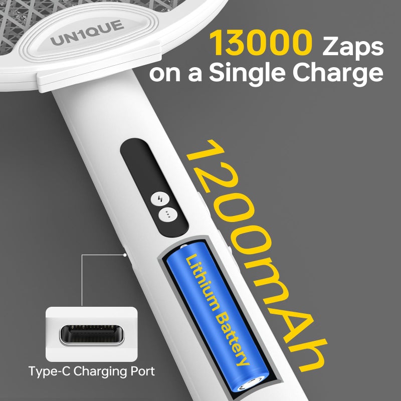 UN1QUE Foldable Mosquito Bat Rechargeable, 2-in-1 Mosquito Racket, Electric Fly Swatter, 1200mAh Long-Lasting Battery, 6-Month Warranty - White - Image 5