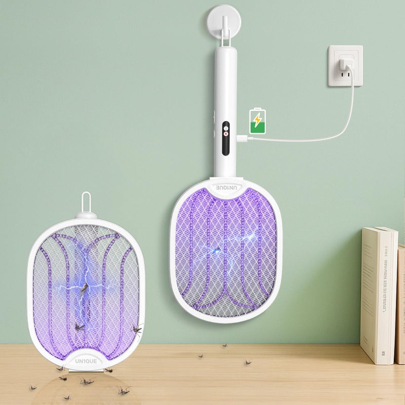 UN1QUE Foldable Mosquito Bat Rechargeable, 2-in-1 Mosquito Racket, Electric Fly Swatter, 1200mAh Long-Lasting Battery, 6-Month Warranty - White - Image 1