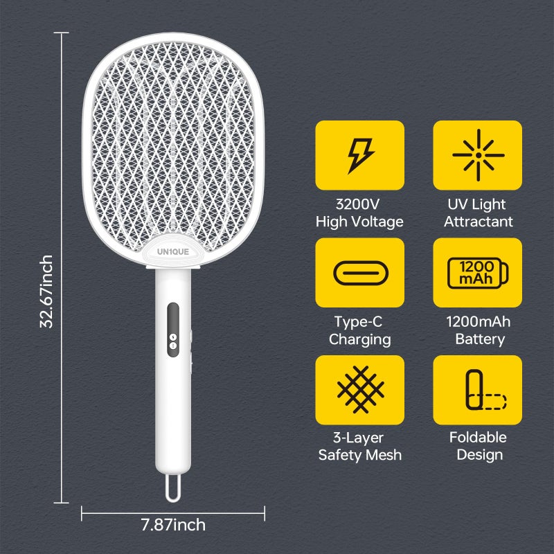 UN1QUE Foldable Mosquito Bat Rechargeable, 2-in-1 Mosquito Racket, Electric Fly Swatter, 1200mAh Long-Lasting Battery, 6-Month Warranty - White - Image 2