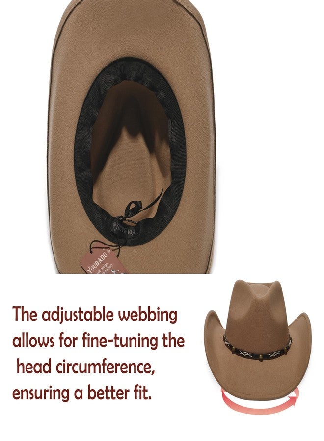 YOUBADU Faux Suede Felt Western Cowboy Hat for Women or Men, Wide Brim, Rivet Strap, Camel, M/One size - Image 4