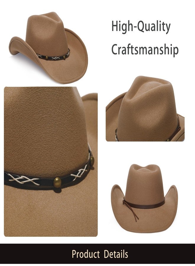 YOUBADU Faux Suede Felt Western Cowboy Hat for Women or Men, Wide Brim, Rivet Strap, Camel, M/One size - Image 5