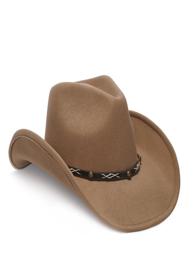 YOUBADU Faux Suede Felt Western Cowboy Hat for Women or Men, Wide Brim, Rivet Strap, Camel, M/One size - Image 2