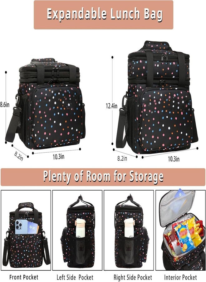 GLENKEY Expandable Insulated Lunch Box, Double Deck Lightweight Large Lunch Bag Tote Leakproof Cooler Bags for Women Adults Work Outdoor Picnic Daytrip, Polka Dots, 16L - Image 3