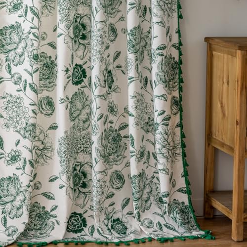 F-CHU Bohemian Curtains for Bedroom 63 Inch Length French Country Floral Drapes Farmhouse Rustic Window Curtain Panels for Bedroom Chic Cotton Linen Blend Toile Curtain，2 Panel - Image 3